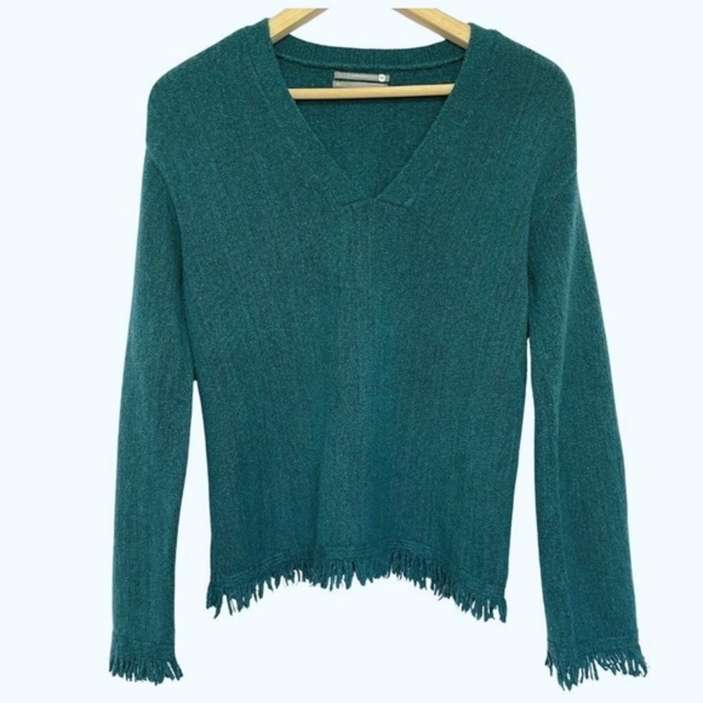 Anthropologie Joy Fringe Sweater Womens XS Dark Teal Green Wool Alpaca Pullover - Picture 2 of 11
